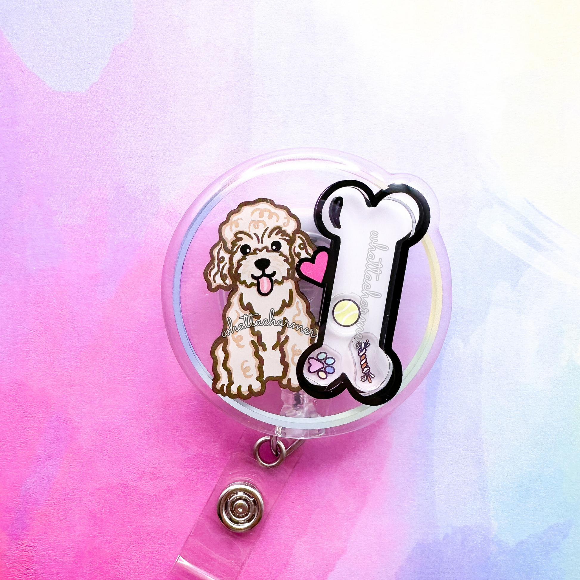 Cream Toy Poodle Shaker Badge Reel