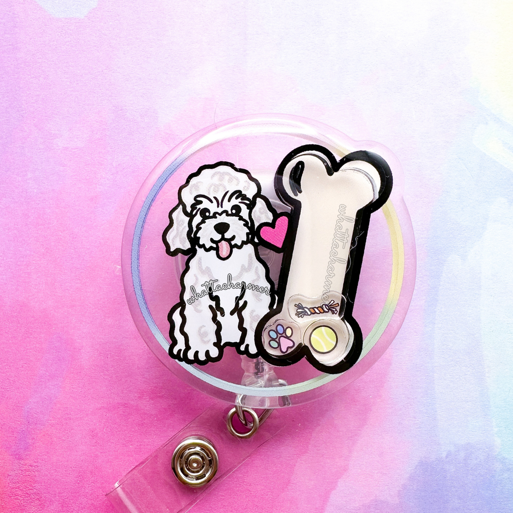White Toy Poodle Shaker Badge Reel