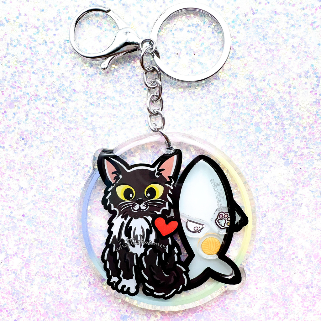 Longhaired Black Tuxedo Cat Keychain