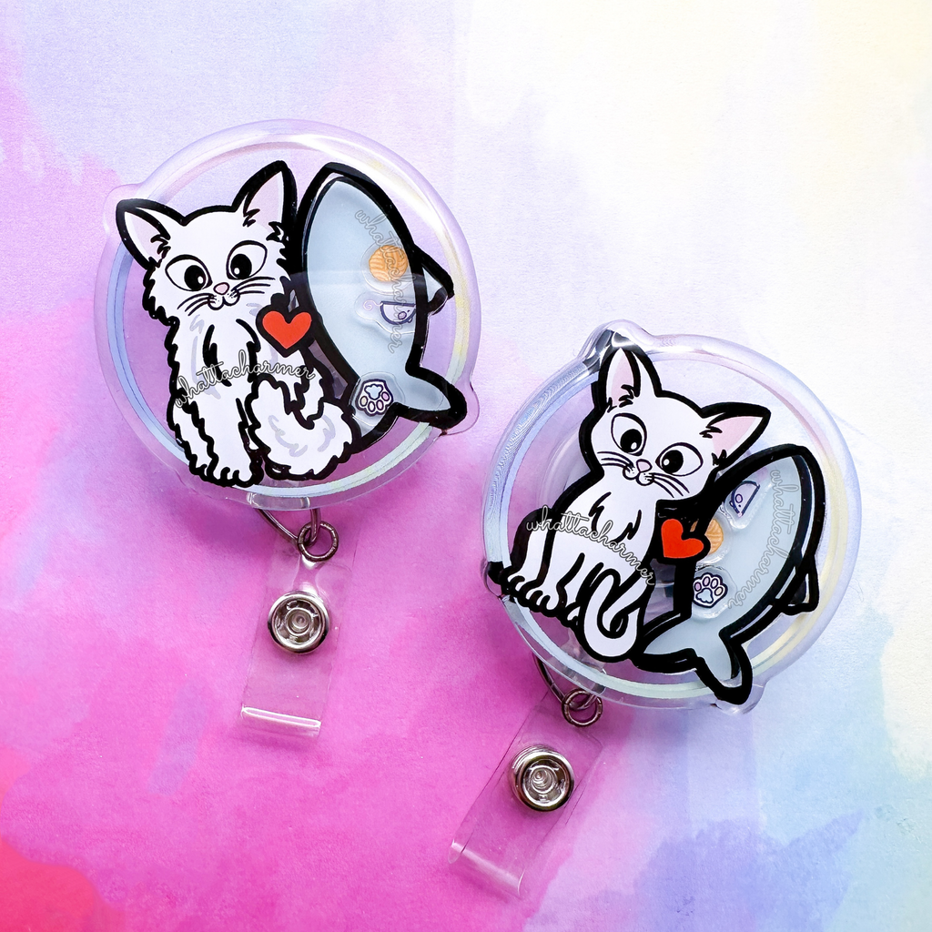Shorthaired White Cat Shaker Badge Reel