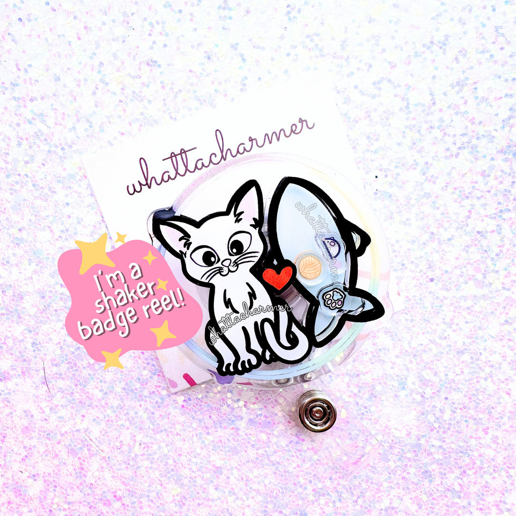 Shorthaired White Cat Shaker Badge Reel