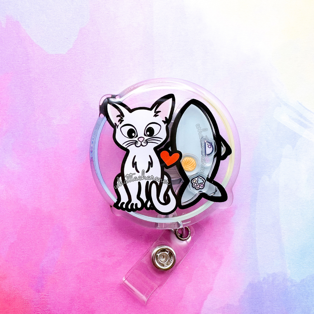 Shorthaired White Cat Shaker Badge Reel