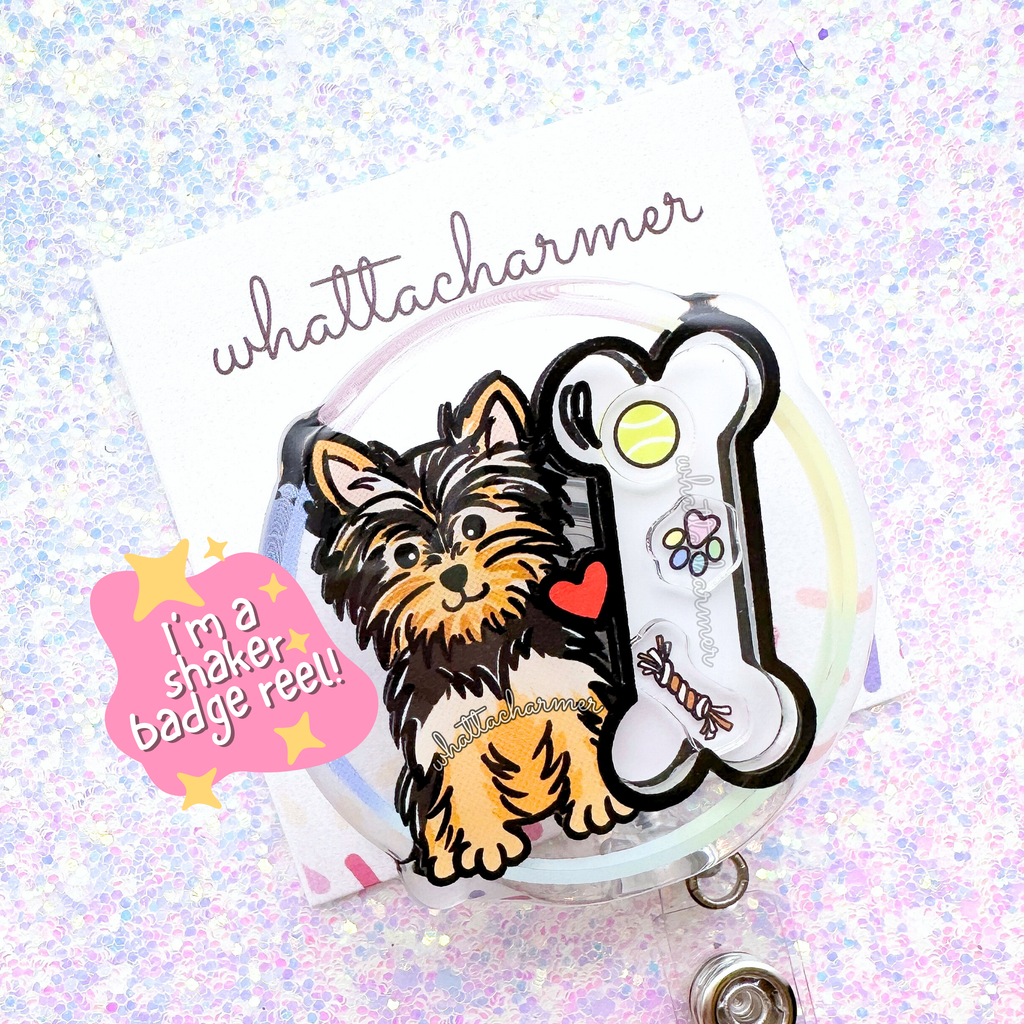 Black and Tan Yorkshire Terrier Shaker Badge Reel