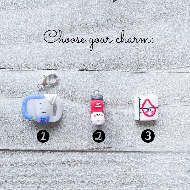 Choose your charm: 1. Handheld blue spirometer, 2. Red albuterol inhaler, 3. Pulmonary function test.