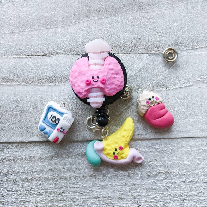 Endocrinology charms are shown being used as a badge reel accessory. There are 3 kawaii styled charms - pancreas attached with duodenum and gallbladder, adrenal gland on top of kidney, and glucose meter with glucose strip.